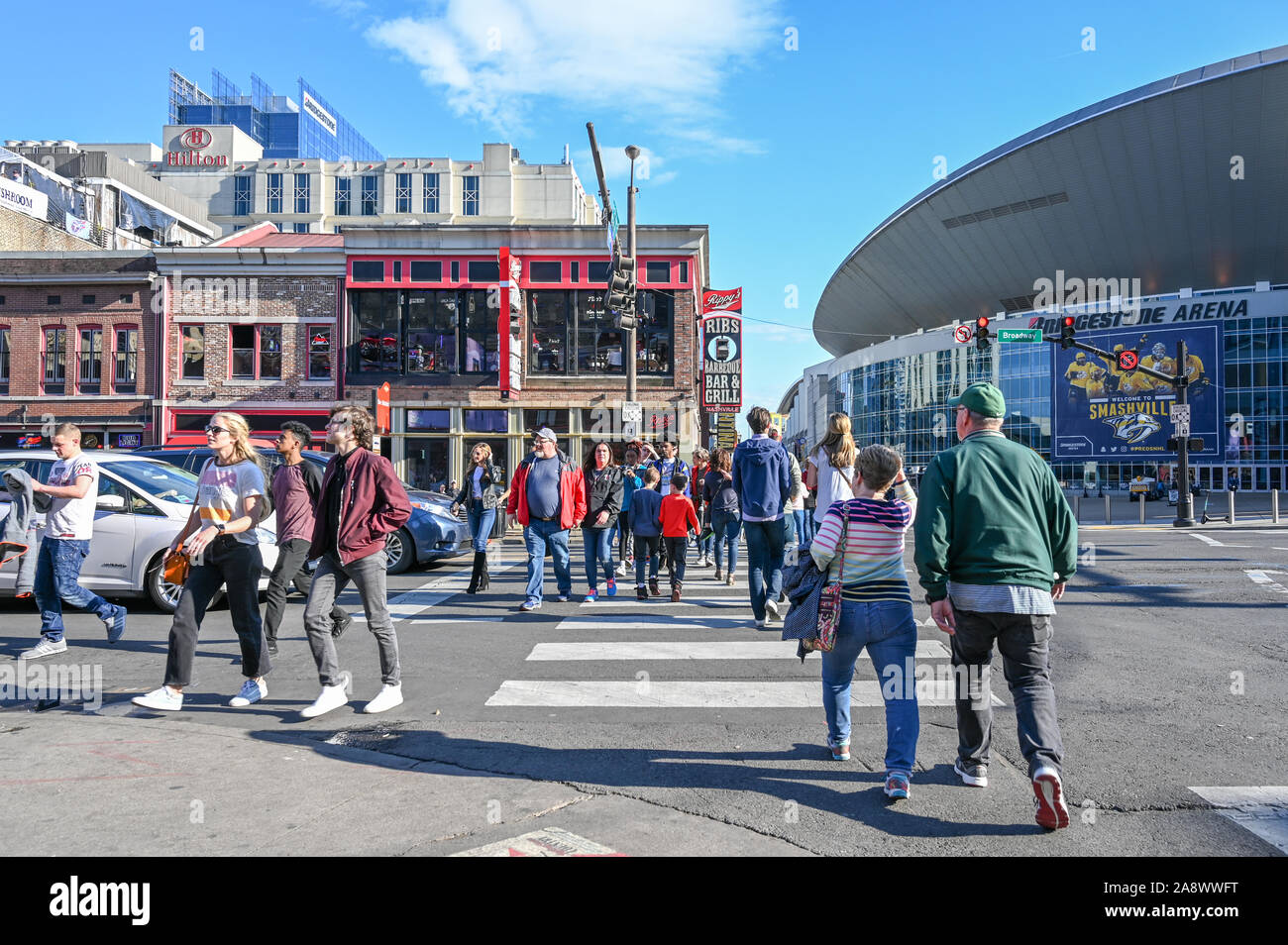 Bridgestone Arena and Broadway in Nashville. This historic street in