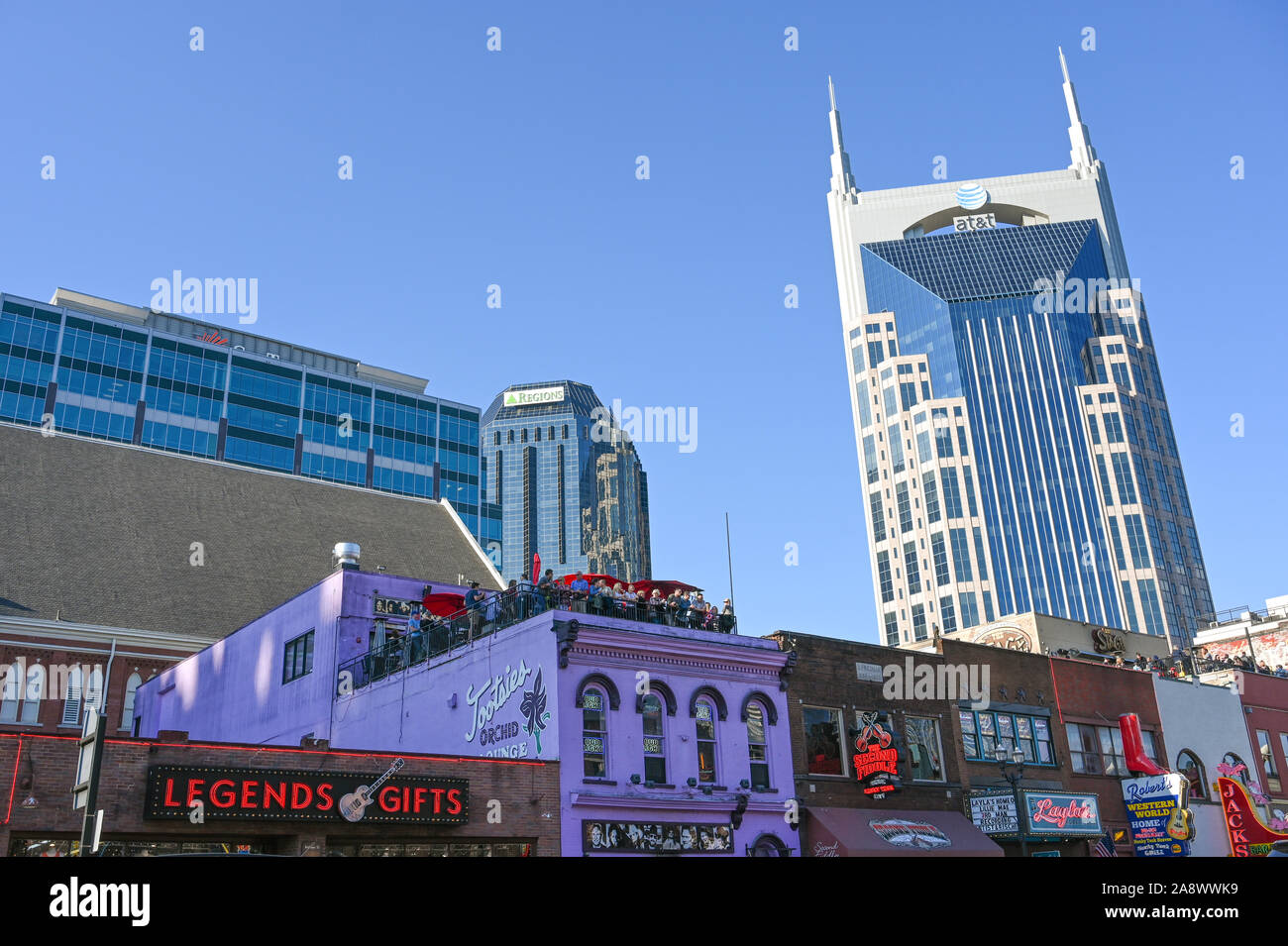 AT&T building viewed from Broadway in Nashville. This historic street ...