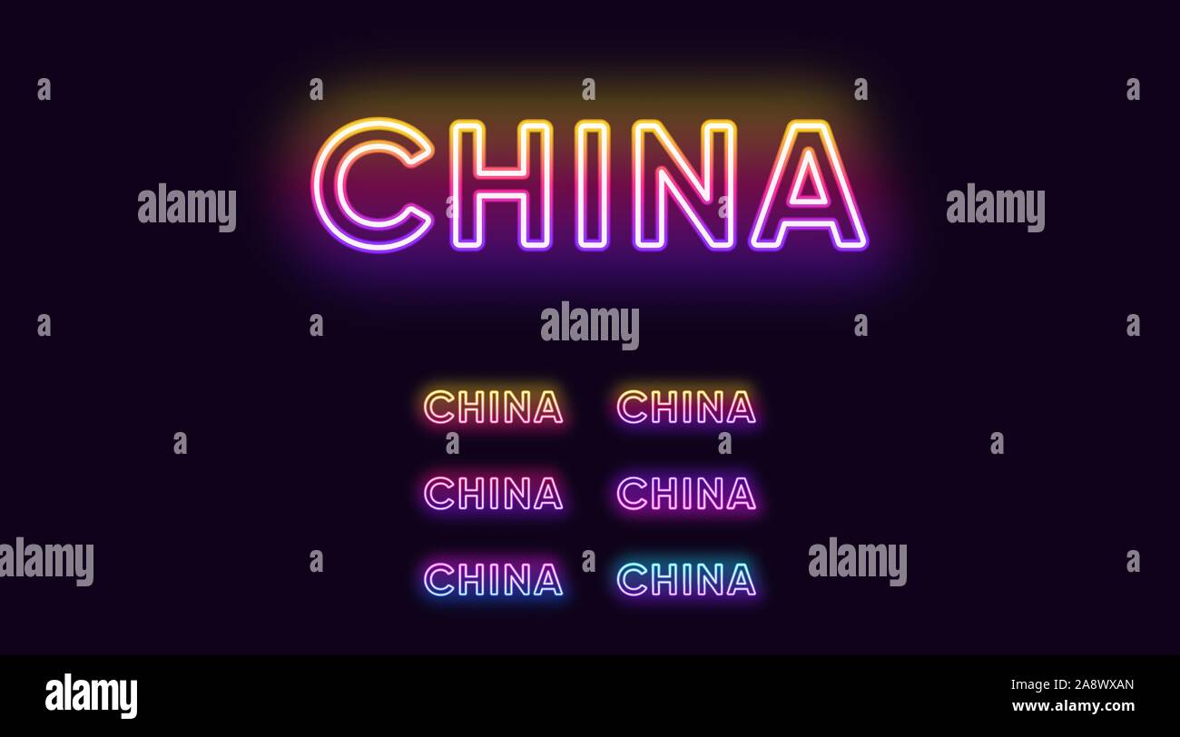 Neon China name, Asian country. Neon text of Peoples Republic of China. Vector set of glowing Headlines with transparent backlight. Bright Gradient co Stock Vector