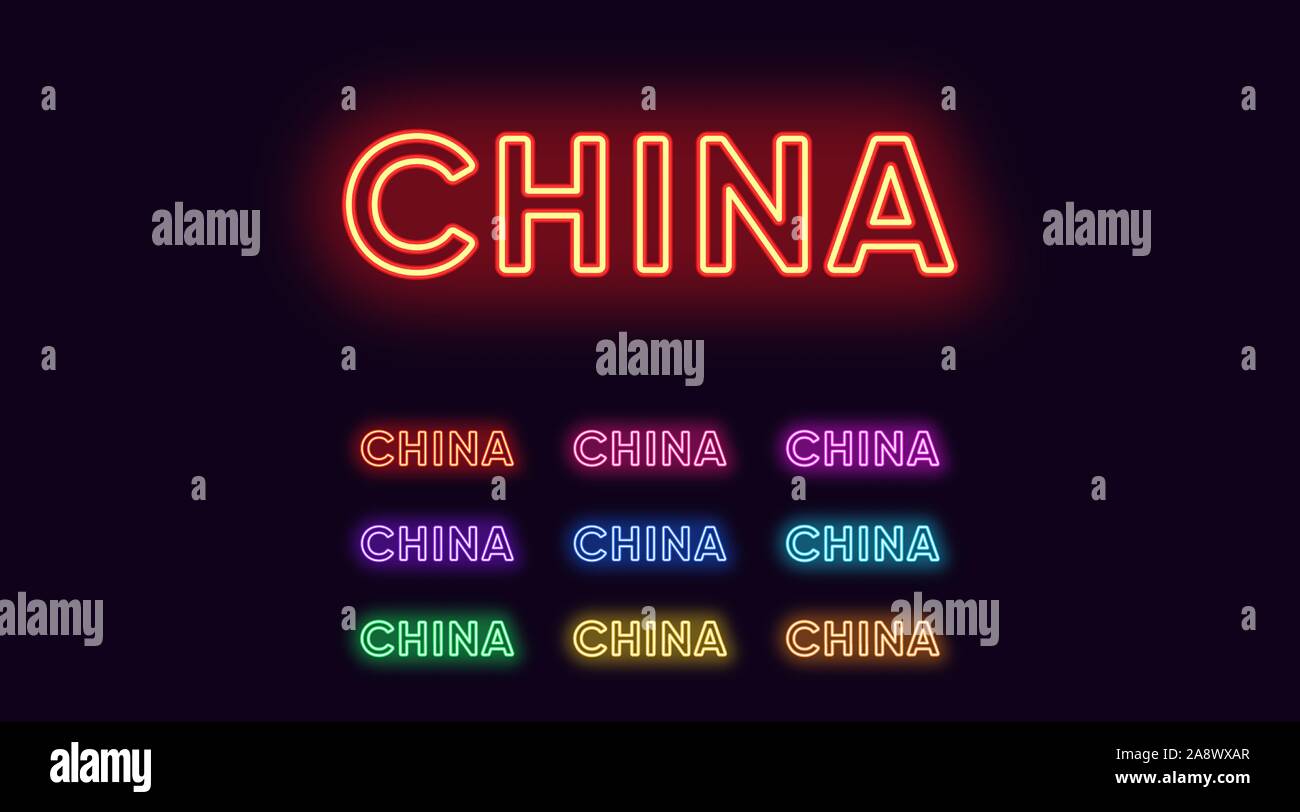 Neon China name, Asian country. Neon text of Peoples Republic of China. Vector set of glowing Headlines with transparent backlight. Red pink purple, v Stock Vector