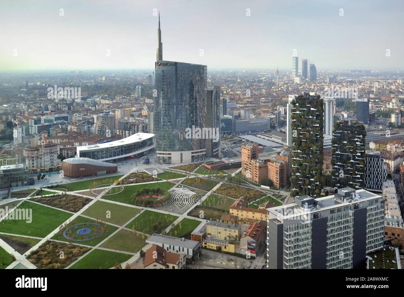 Milan (Italy), view from the rooftop terrace of the Lombardy Region building, the Unicredit and Vertical Forest skyscrapers and the Trees Library park Stock Photo