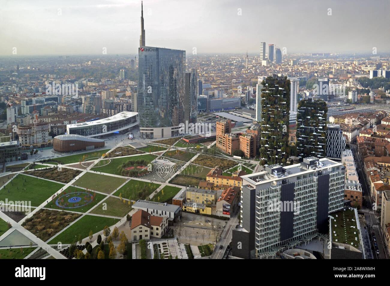 Milan (Italy), view from the rooftop terrace of the Lombardy Region building, the Unicredit and Vertical Forest skyscrapers and the Trees Library park Stock Photo