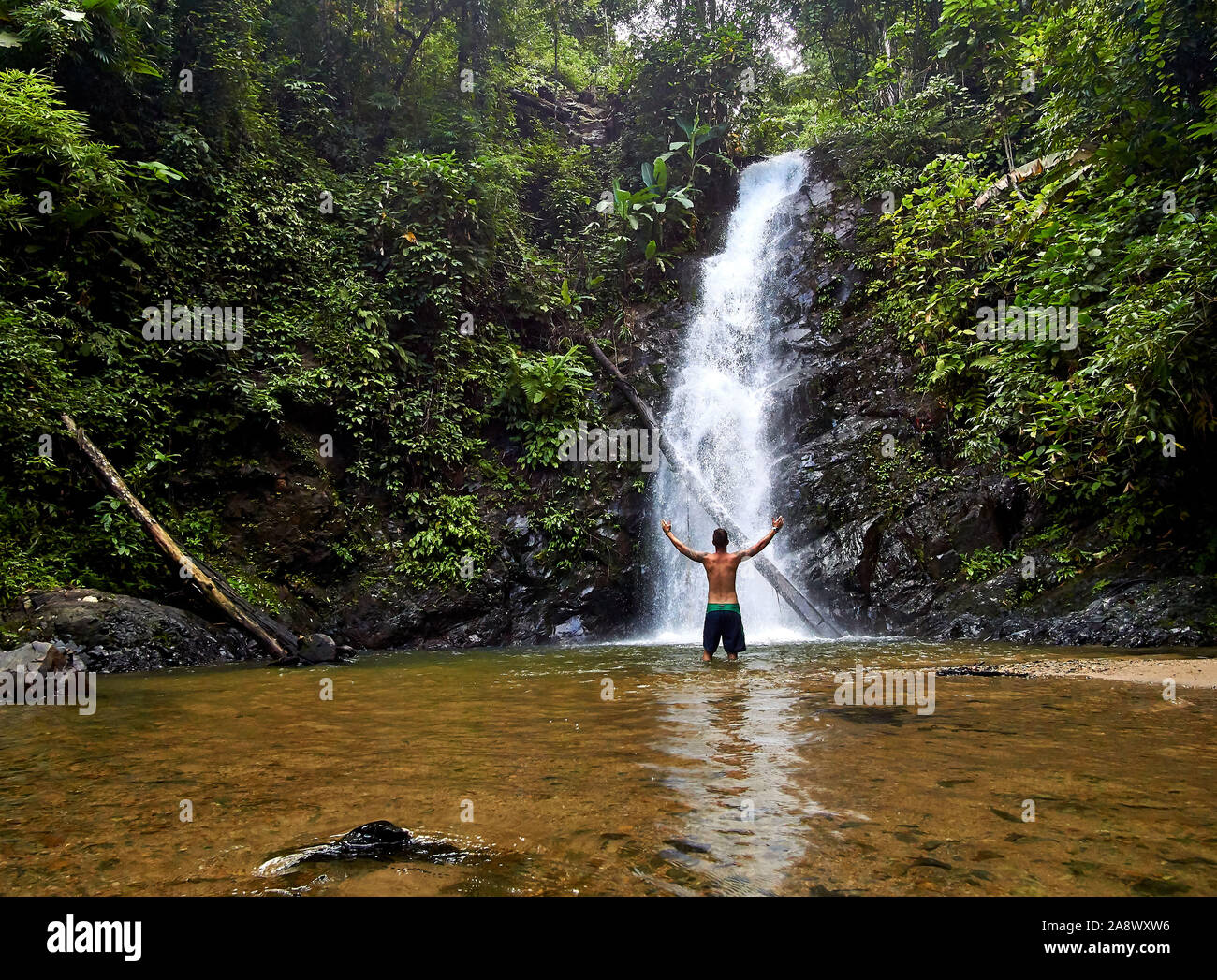 LANGKAWI, MALAYSIA OCTOBER 15.2019 Man take shower at .Durian