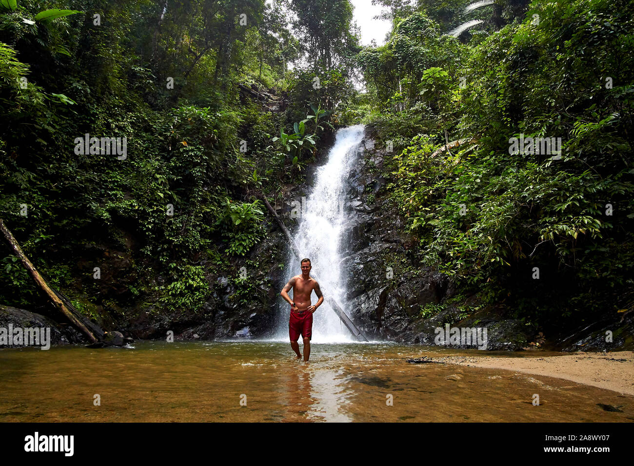 LANGKAWI, MALAYSIA OCTOBER 15.2019 Man take shower at .Durian