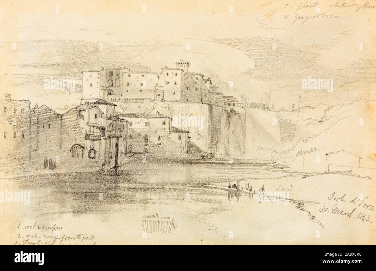 Edward Lear, Isola di Sora, 31 Mar. 1842, landscape drawing, 1842 Stock Photo