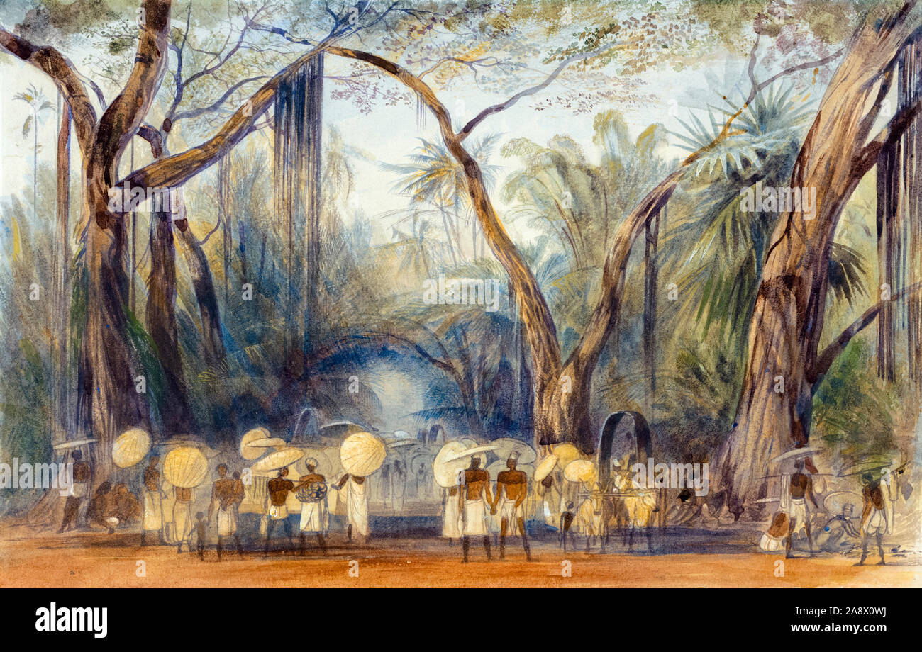 Edward Lear, Coolies on the Road Near Kalicut, Malabar, painting, 19th Century Stock Photo