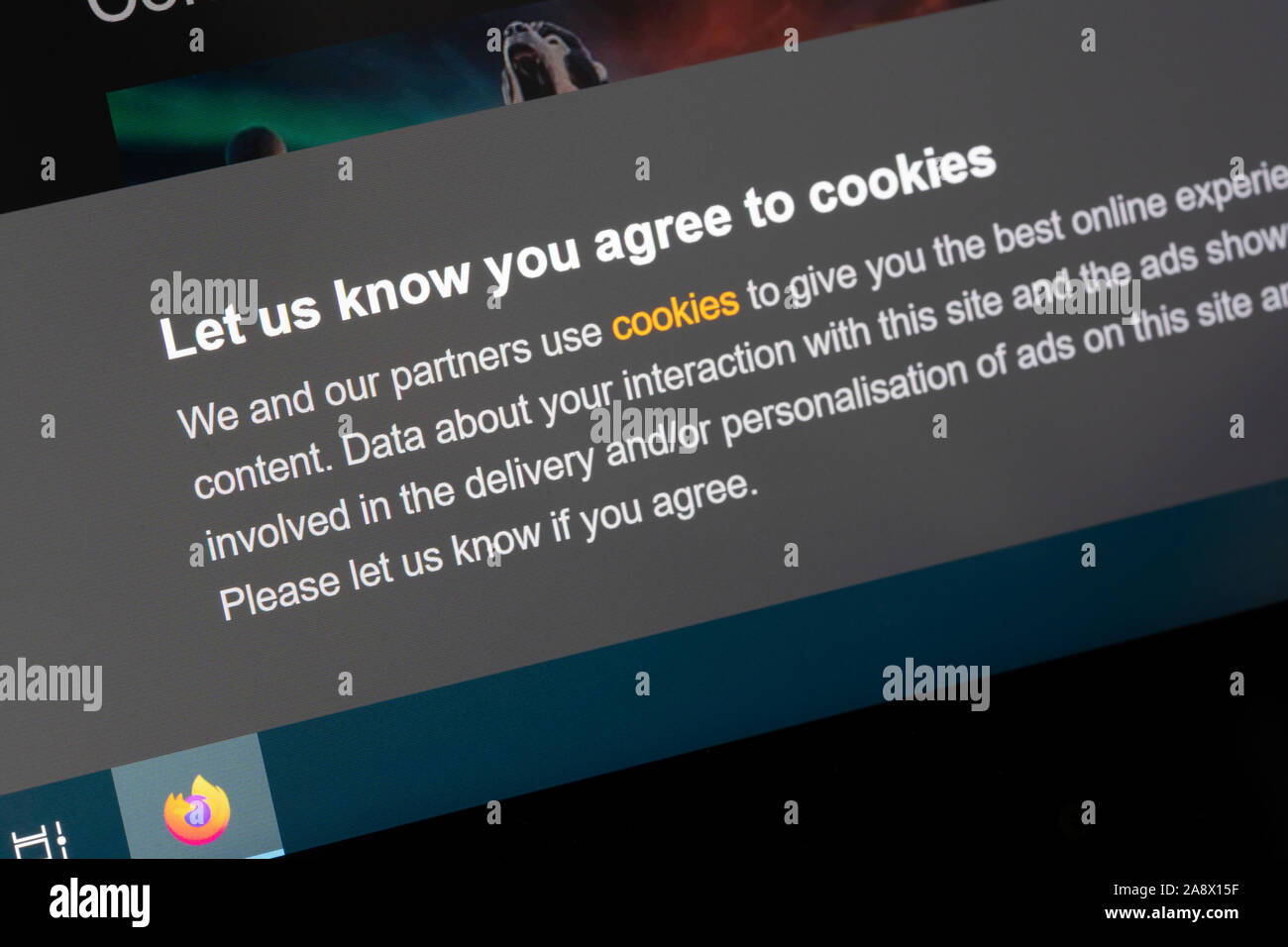 A cookie consent banner on the UK BBC iPlayer website - this consent is required by EU Directive 2009/136/EC, also known as the cookie law Stock Photo