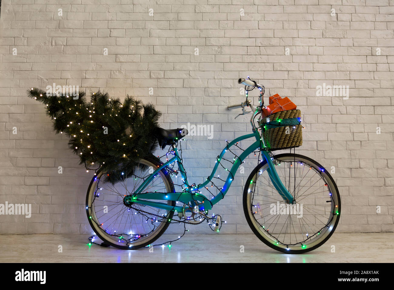 Christmas Greeting Card With Blue Bicycle Decorating By Lights