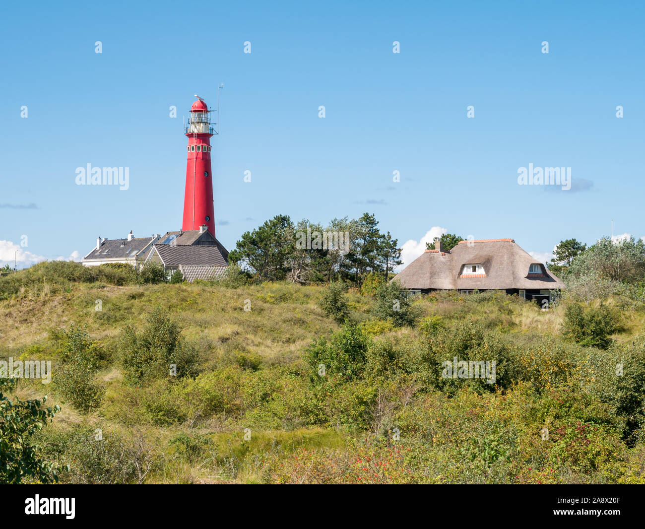 North Tower lighthouse and houses in dunes of Schiermonnikoog, West-Frisian island in Waddensea, Netherlands Stock Photo