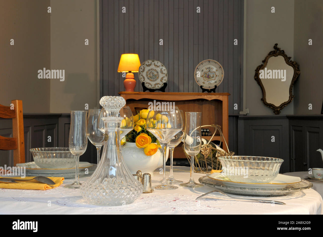 Dining table is set for a holiday dinner Stock Photo