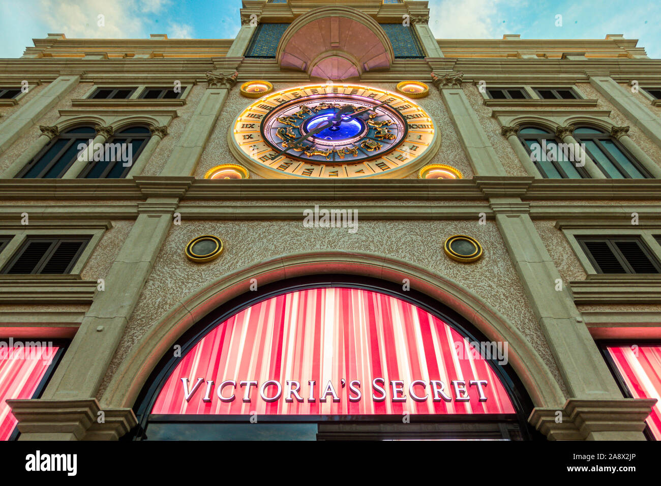 October 31, 2019: MACAU, CHINA - Victoria Secret Store under European Clock at the Venetian Hotel and Casino, Largest Supercomplex in the World Stock Photo