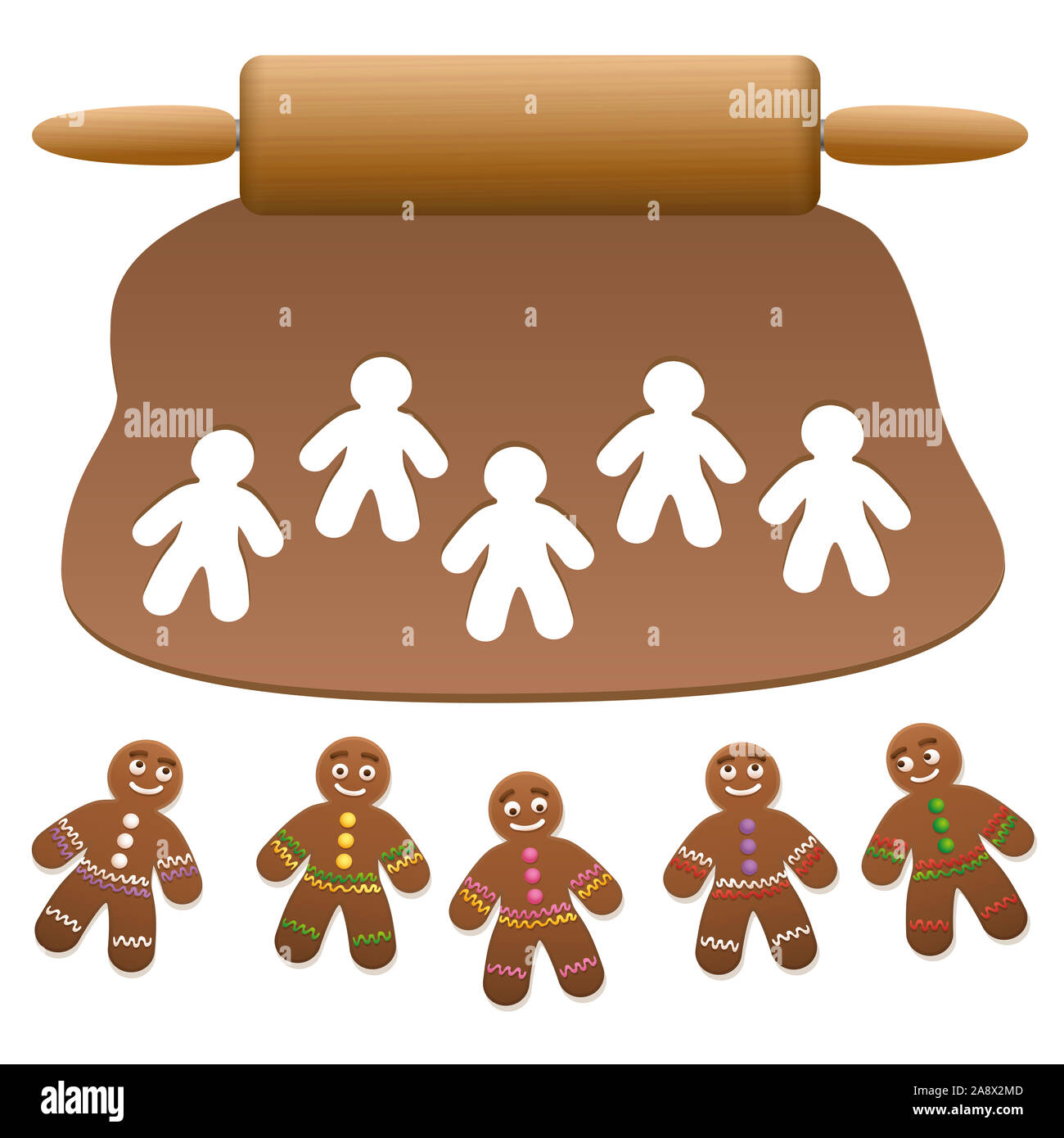 Gingerbread man group. Lebkuchen dough with wooden rolling pin and cut out gingerbread cookies - illustration on white background. Stock Photo