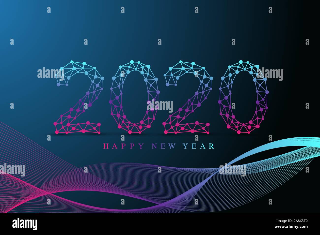 Text design Christmas and Happy new year 2020. Graphic background communication 2020. Connected lines with dots. Wave flow for presentations, postcard Stock Vector