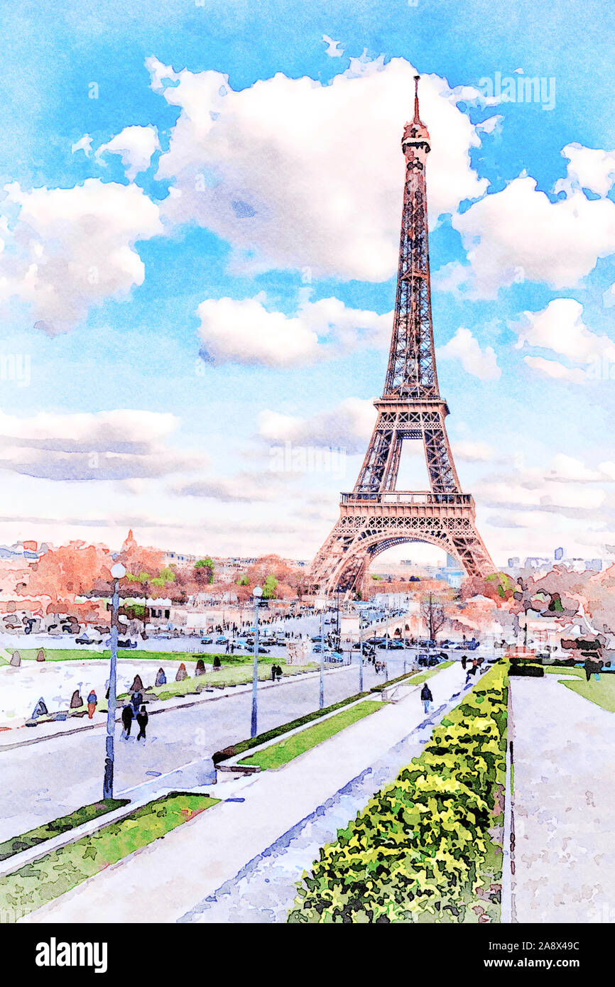 Beautiful Digital Watercolor Painting of the steets of Paris, France ...