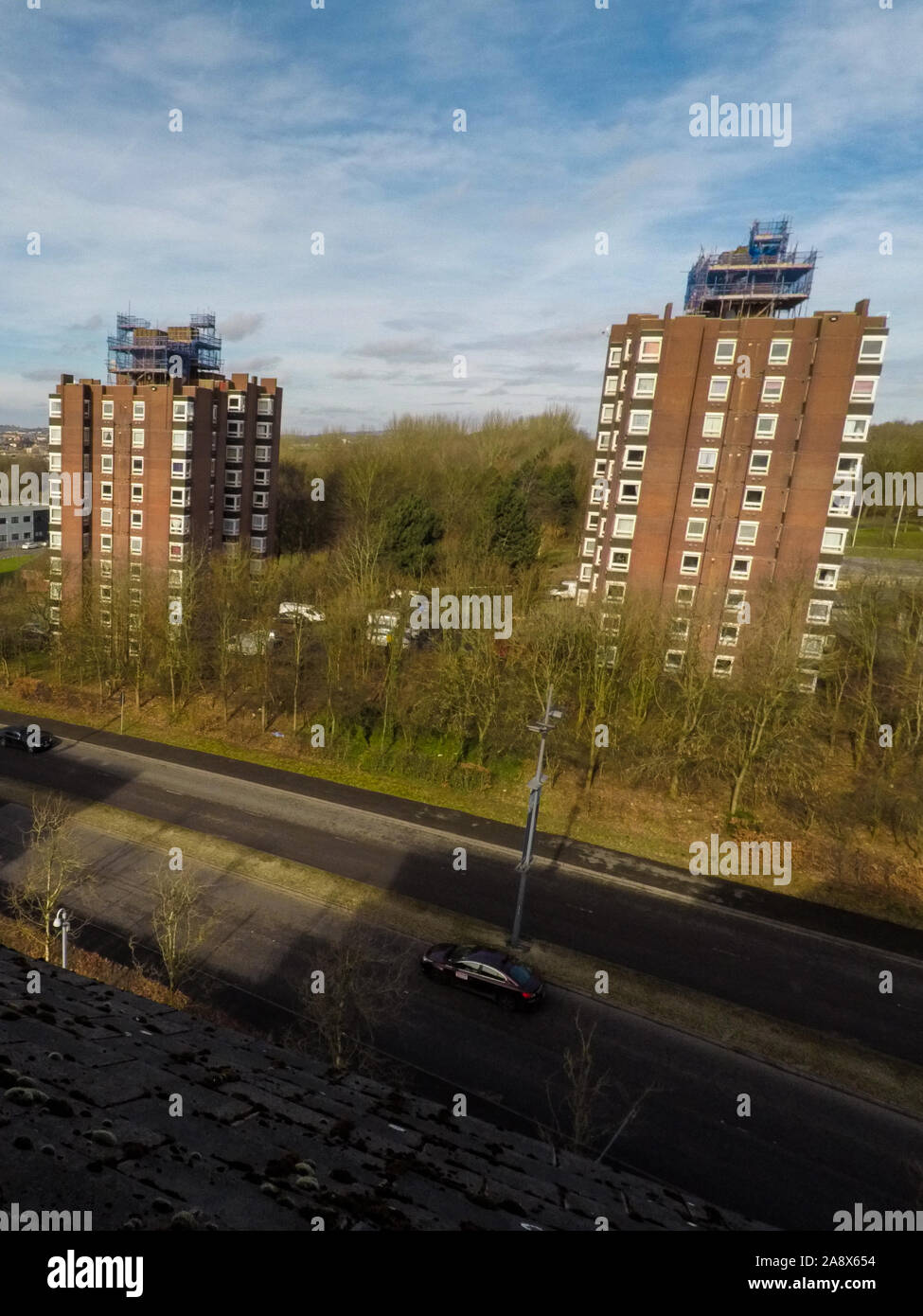 Aerial view of high rise tower blocks, flats built in the city of Stoke