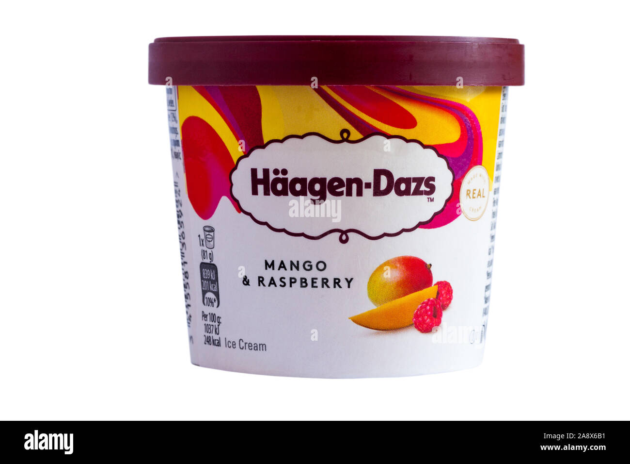 Tub of Haagen-Dazs Mango & Raspberry ice cream, part of fruit collection mini cups isolated on white background Stock Photo