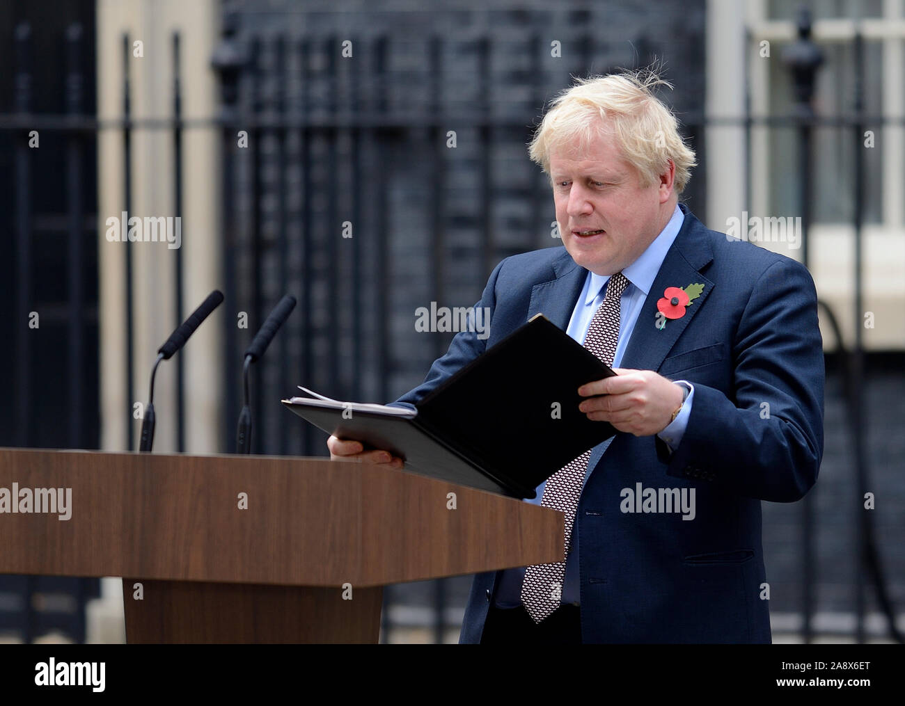 British Prime Minister Boris Johnson formally announcing a 12th December General Election in Downing Street after meeting with the Queen earlier ..... Stock Photo