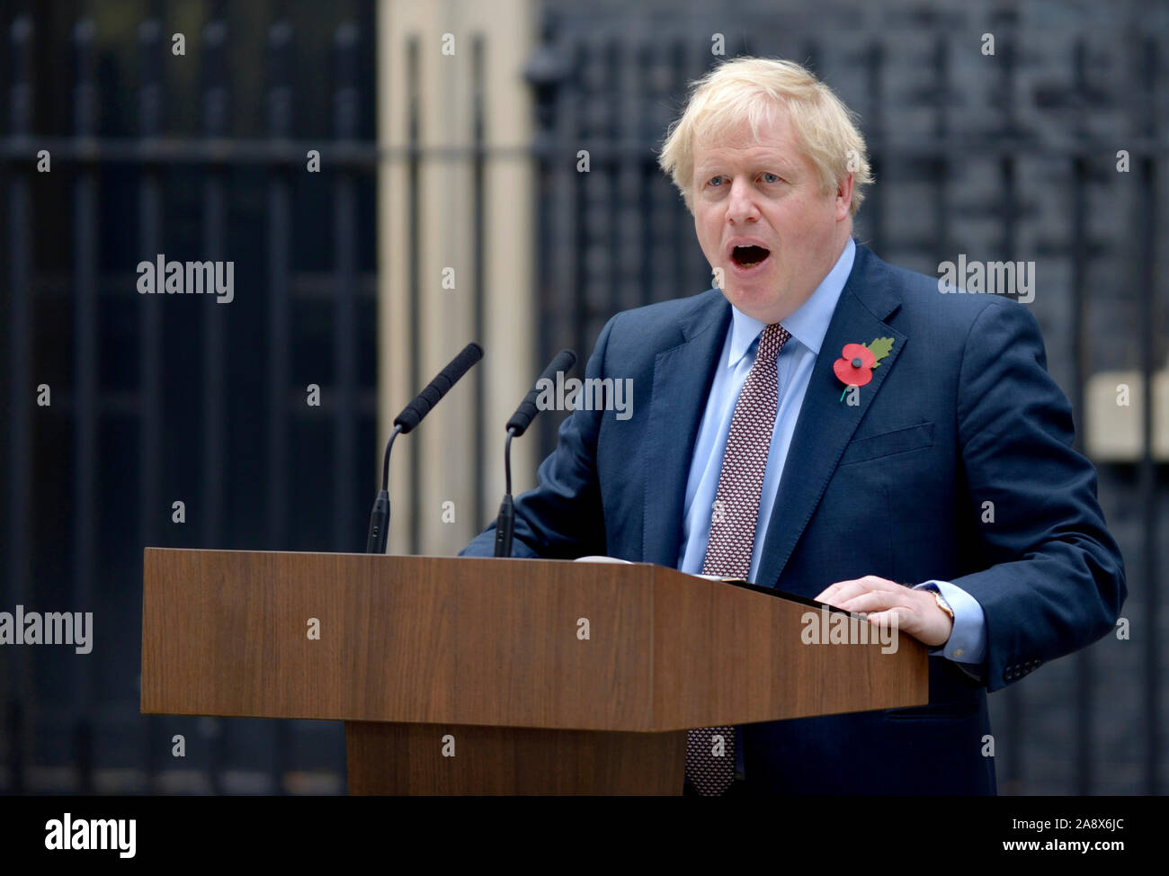 British Prime Minister Boris Johnson formally announcing a 12th December General Election in Downing Street after meeting with the Queen earlier in th Stock Photo