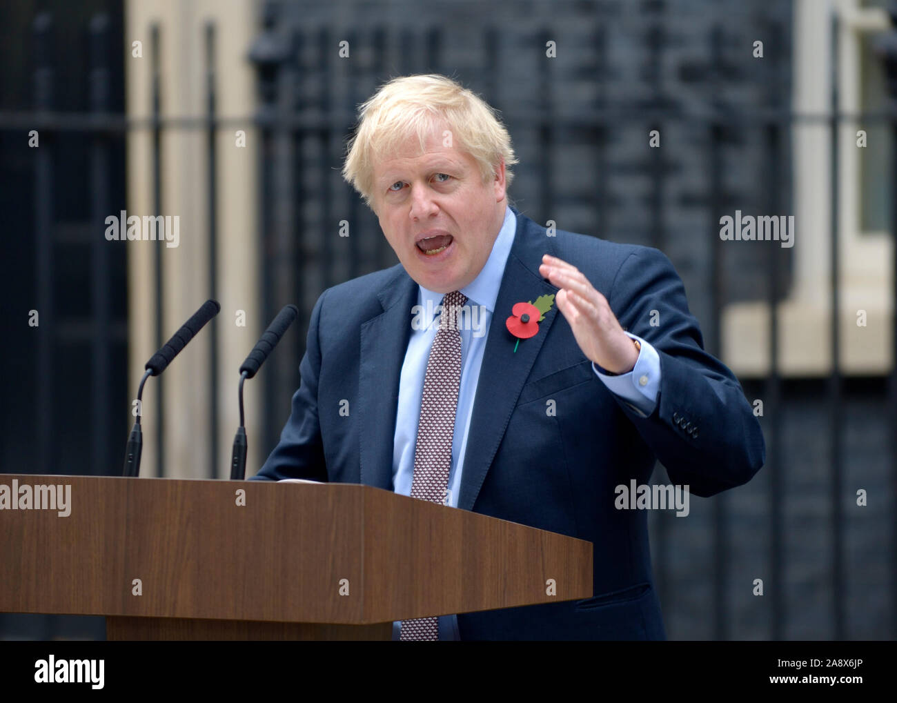 British Prime Minister Boris Johnson formally announcing a 12th December General Election in Downing Street after meeting with the Queen earlier in th Stock Photo