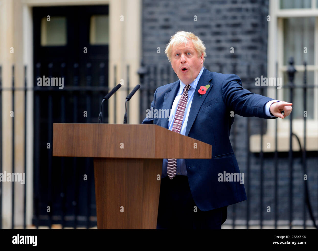 British Prime Minister Boris Johnson formally announcing a 12th December General Election in Downing Street after meeting with the Queen earlier in th Stock Photo