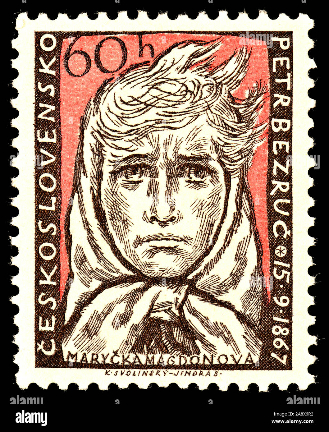 Czech postage stamp (1957): 90th Aniversary of Petr Bezruč (Vladimír Vašek:  1867-1958) Czech poet and short story writer (Maryčka Magdonova - poem  Stock Photo - Alamy