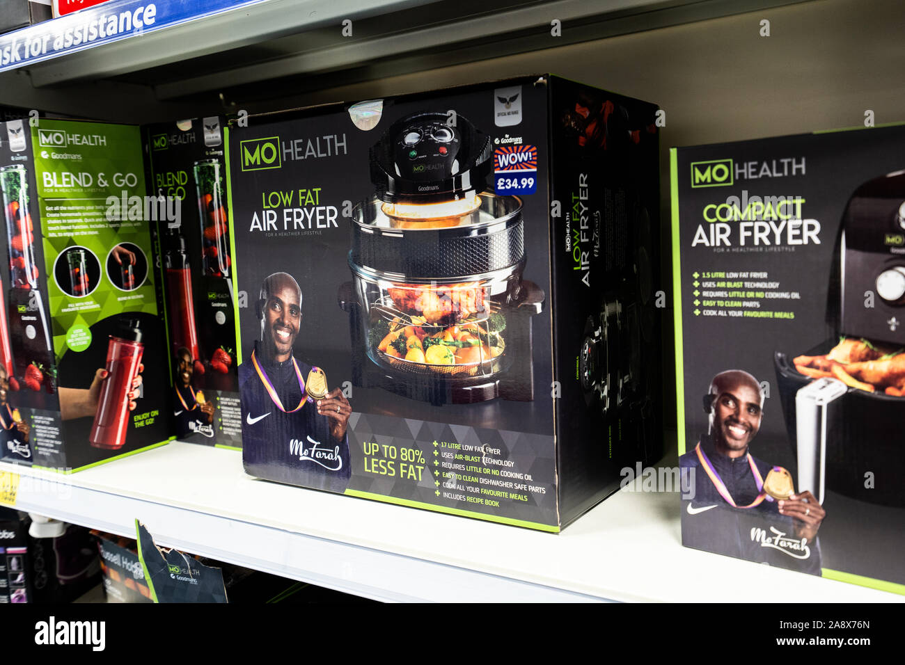 Mo Farah air fryers on sale at a B&M store in the city centre, healthy fryer Stock Photo