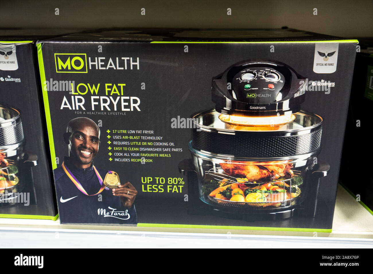 Mo Farah air fryers on sale at a B&M store in the city centre, healthy fryer Stock Photo