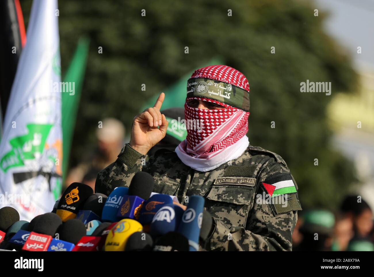 Khan Yunis Gaza Strip Palestinian Territory 11th Nov 2019 Abu Ubaida Spokesman Of The Ezzedine Al Qassam Brigades The Military Wing Of The Palestinian Islamist Movement Hamas Speaks During A Military Parade In