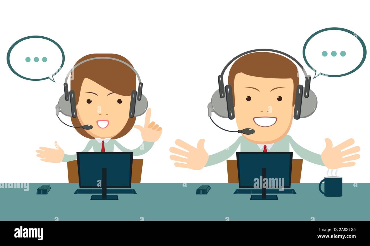 Smiling male and female operator with headset working at call center. Stock Vector