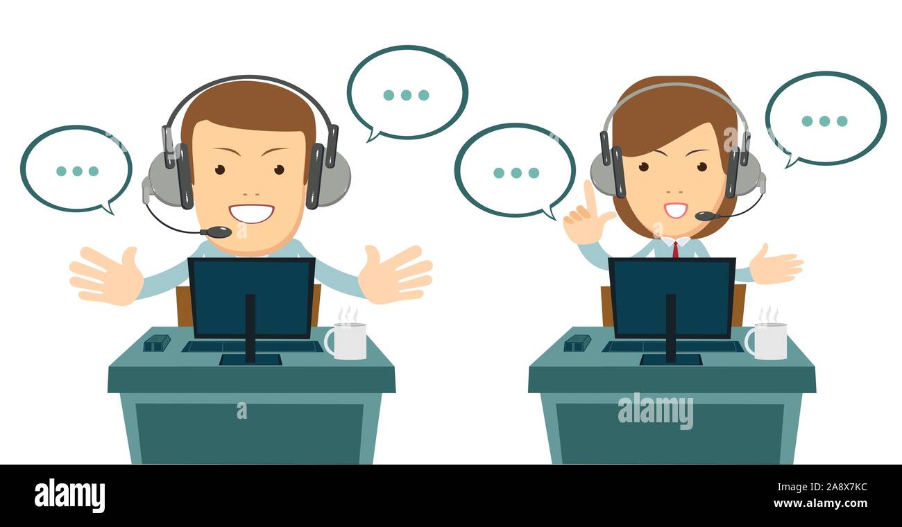 Smiling male and female operator with headset working at call center. Stock Vector