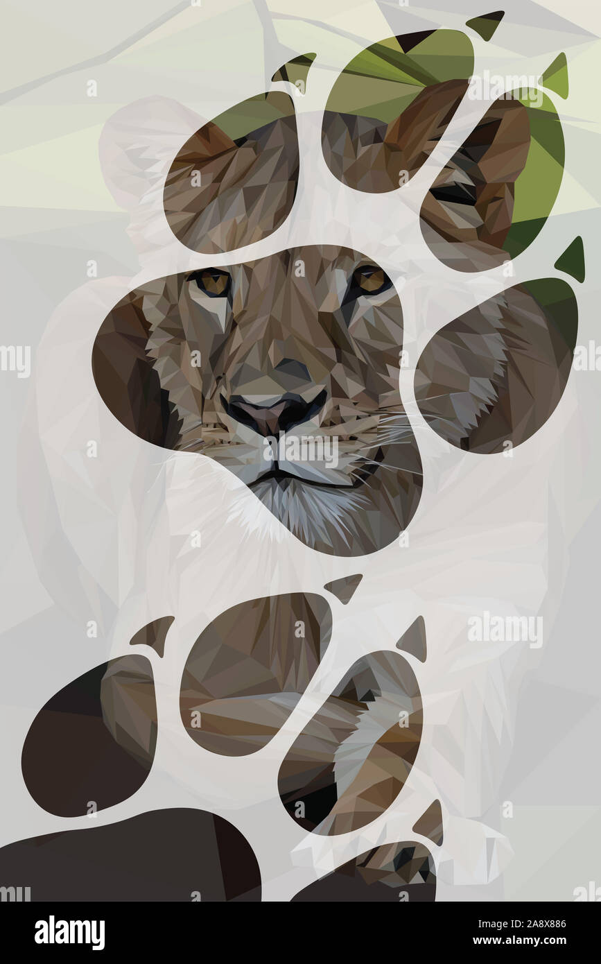 Low poly illustration of an African Lioness inside of the shape of its paw marks Stock Photo