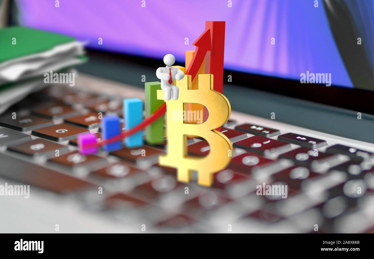 Bitcoin Symbol on a laptop computer keyboard focus on it with financial ...