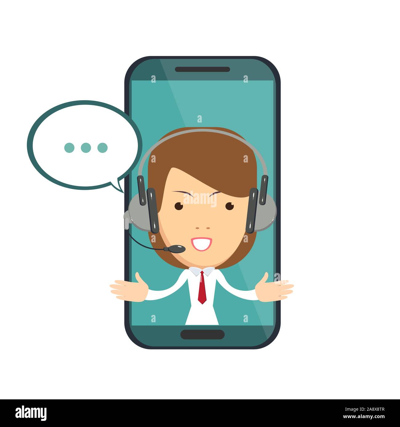 Smiling female operator with headset speaking from screen of a smart phone. Stock Vector