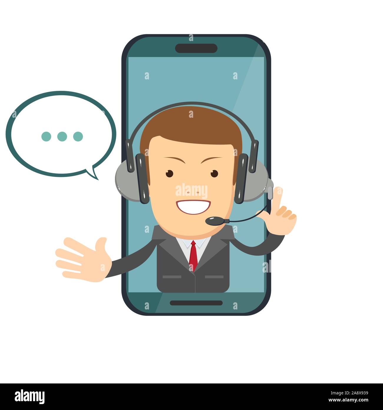 Smiling male operator with headset speaking from screen of a smart phone. Stock Vector