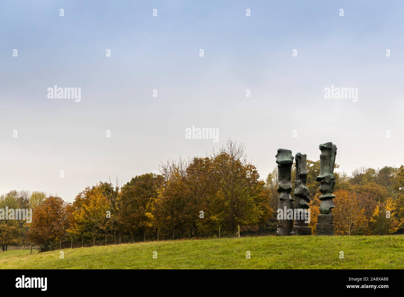 Landscape with Upright Motives No. 1 (Glenkiln Cross): No 2; No 7 bronze sculpture by Henry Moore in Yorkshire Sculpture Park, Wakefield, UK. Stock Photo