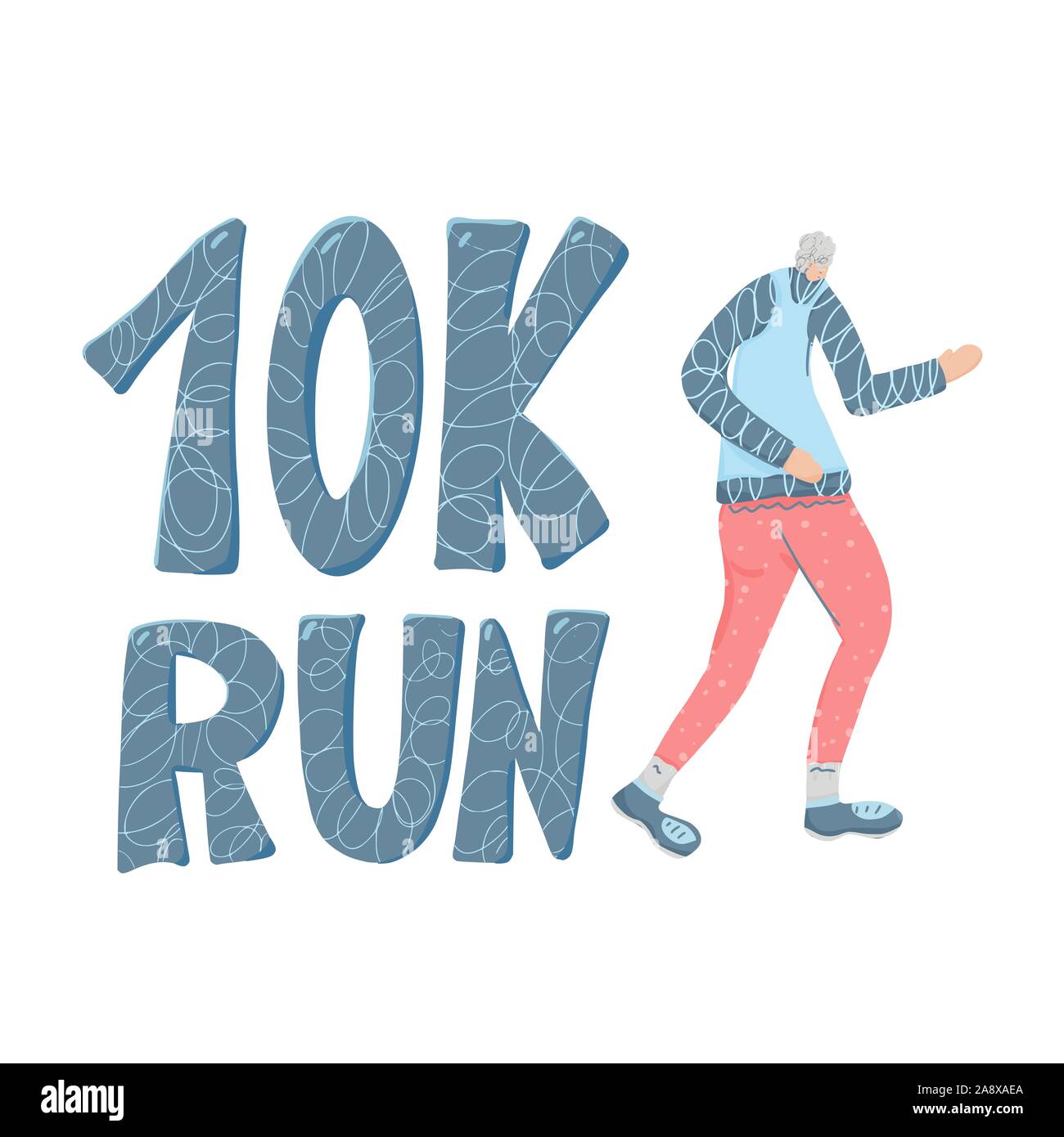10K run text with old lady runner. Vector illustration. Stock Vector