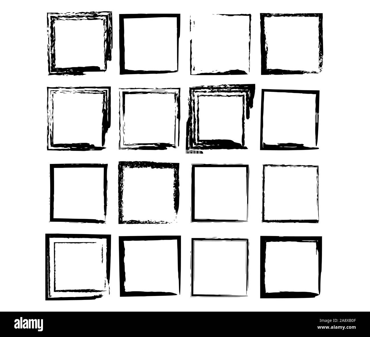 Set of grunge black frames. Borders collections. Collages elements on white background Stock