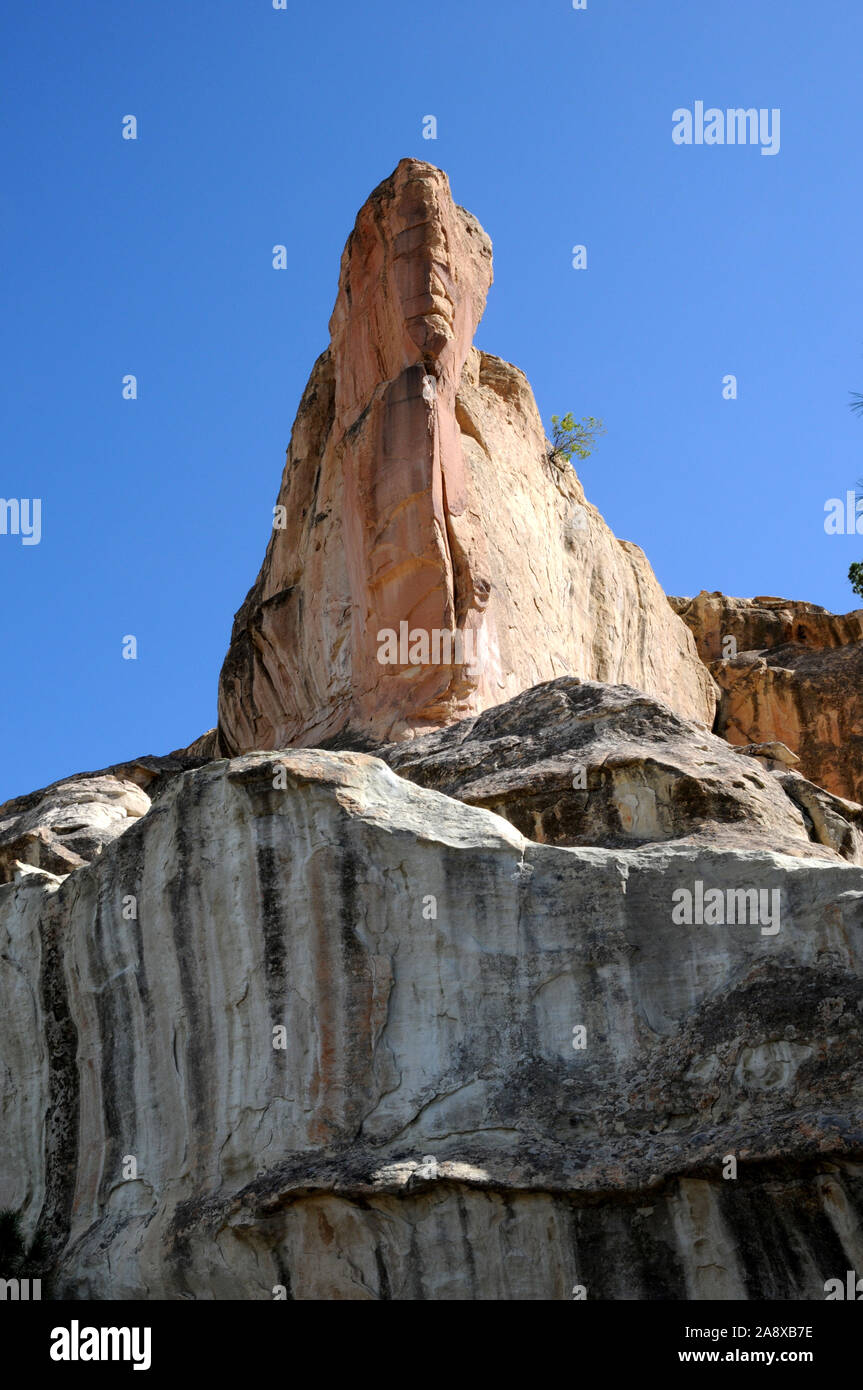 View of El Morro, New Mexico, taken from 'the ground level' where there is a visitors' site, camp ground and the start of the trail to the summit. Stock Photo