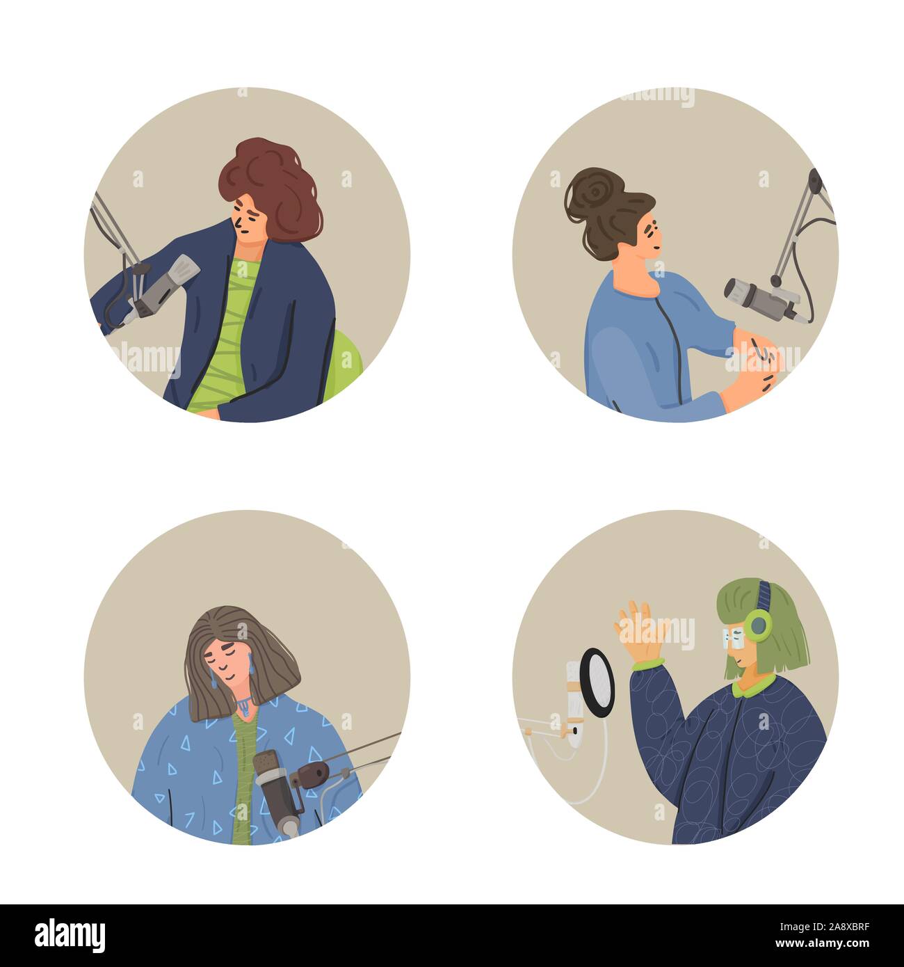 Podcasting concept. Young women recording a podcast icons. Cute female bloggers make a new content. Vector illustartion. Stock Vector