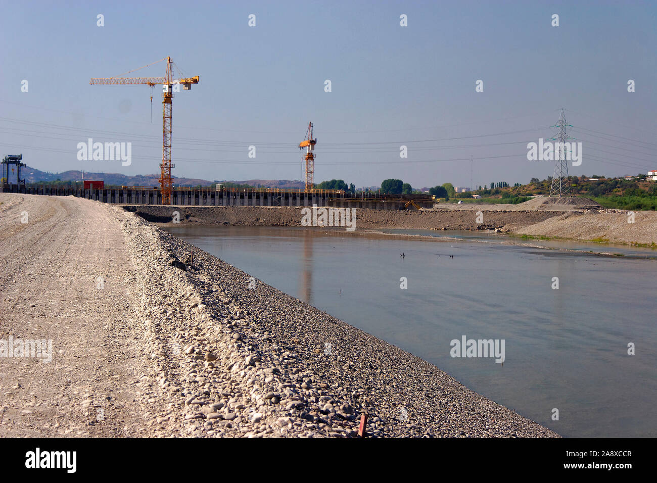 The construction of the Ashta dam on the Drini River, Albania Stock Photo