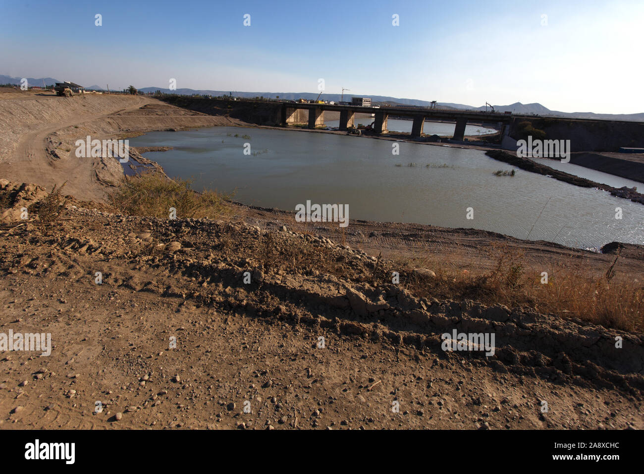 The construction of the Ashta dam on the Drini River, Albania Stock Photo