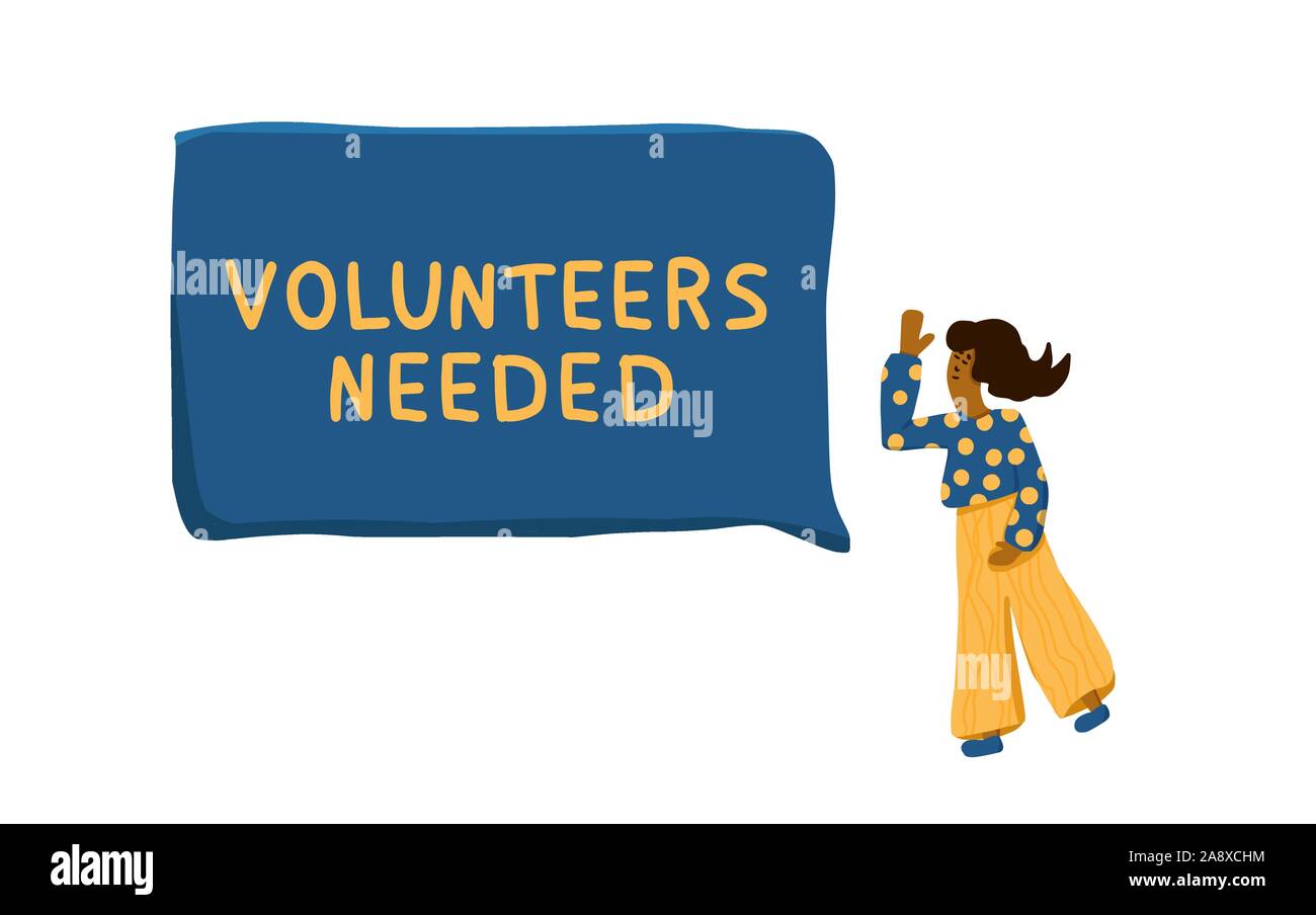 Volunteers needed text with girl character. Hand drawn phrase with ...