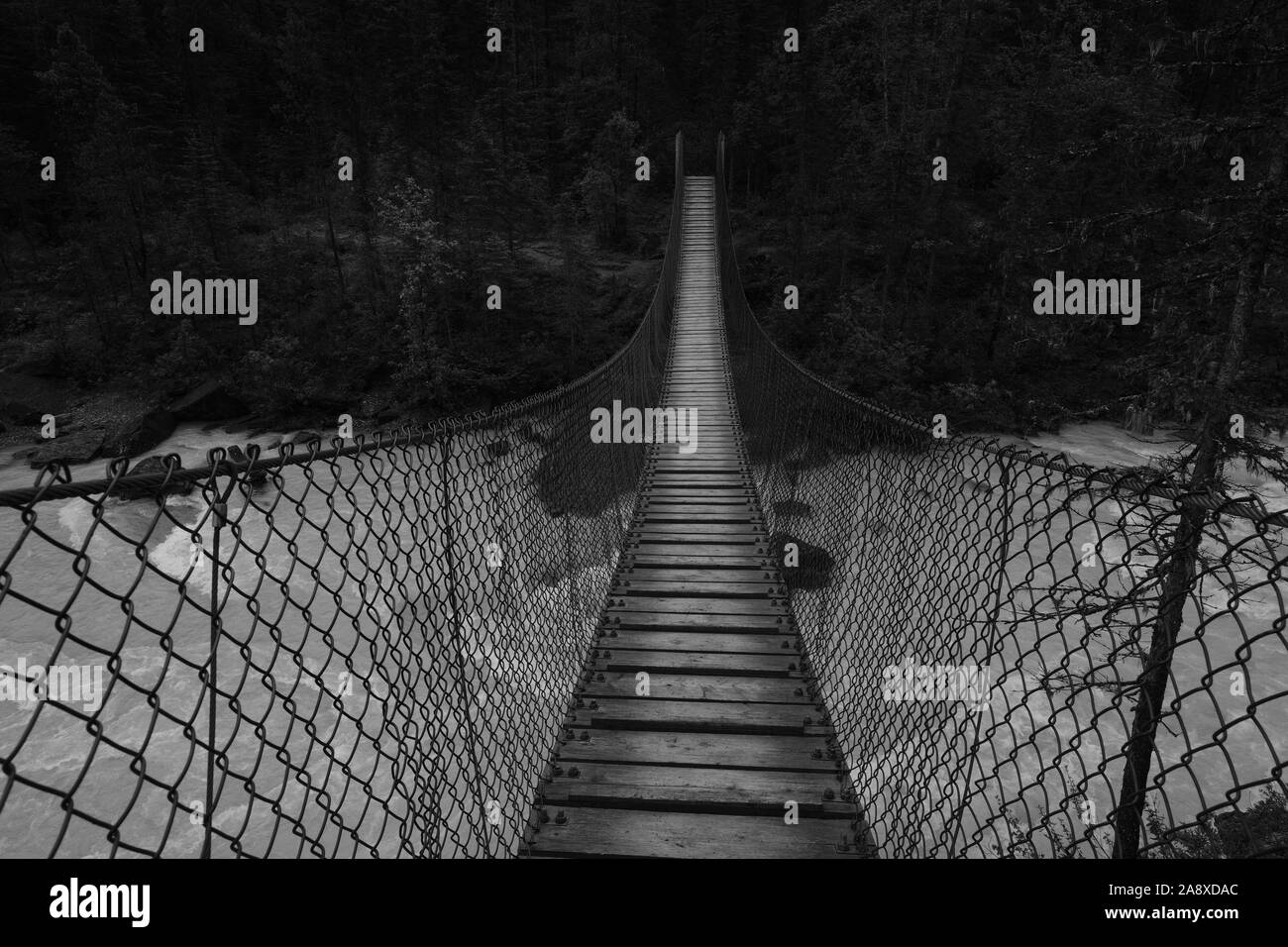 Black and White Image of a Suspended Wood Bridge Glacier River. Stock Photo