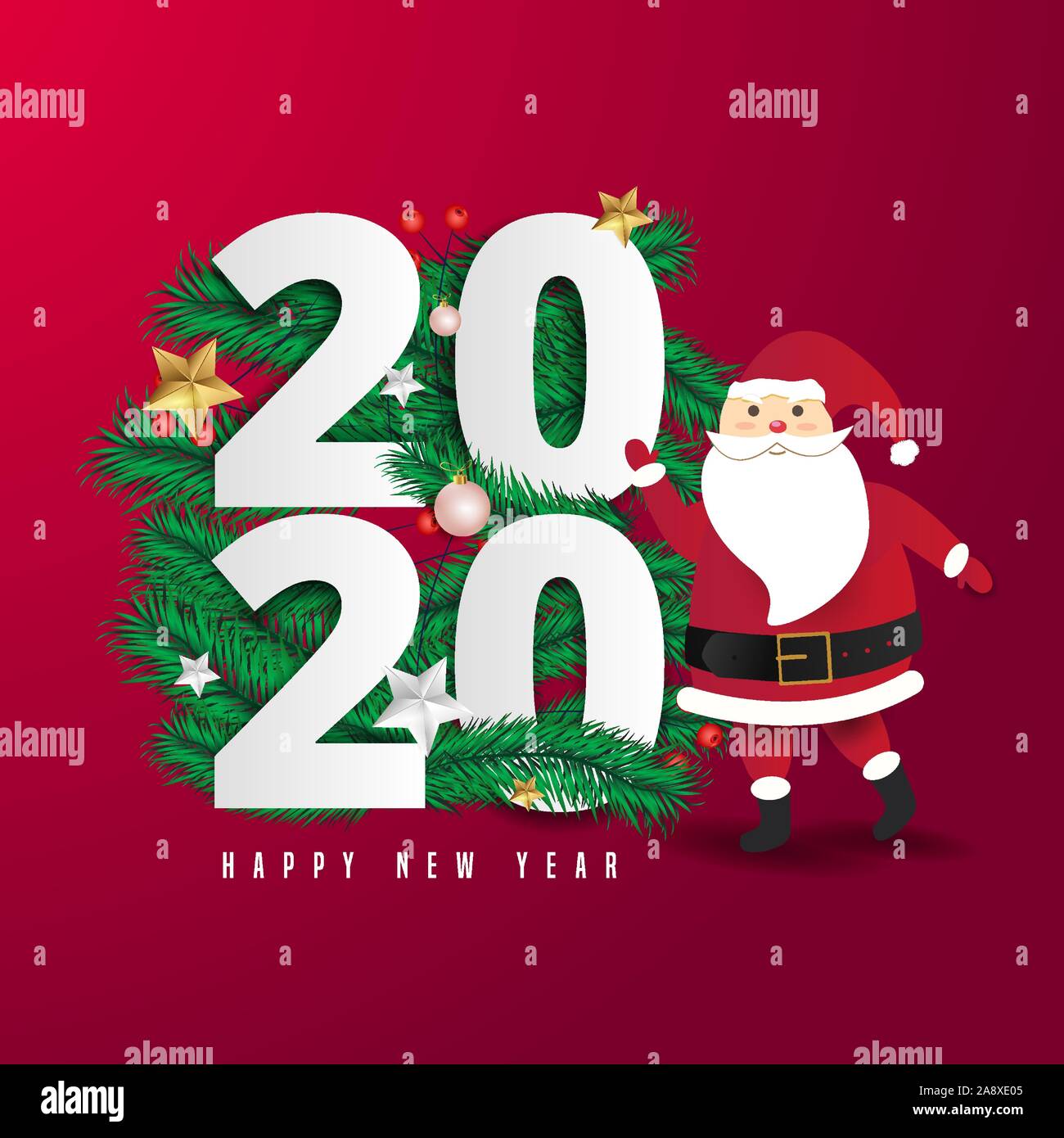 Santa Claus with  on the walk to deliver christmas gifts at red background.2020 and happy new year text Lettering Vector illustration. Stock Vector