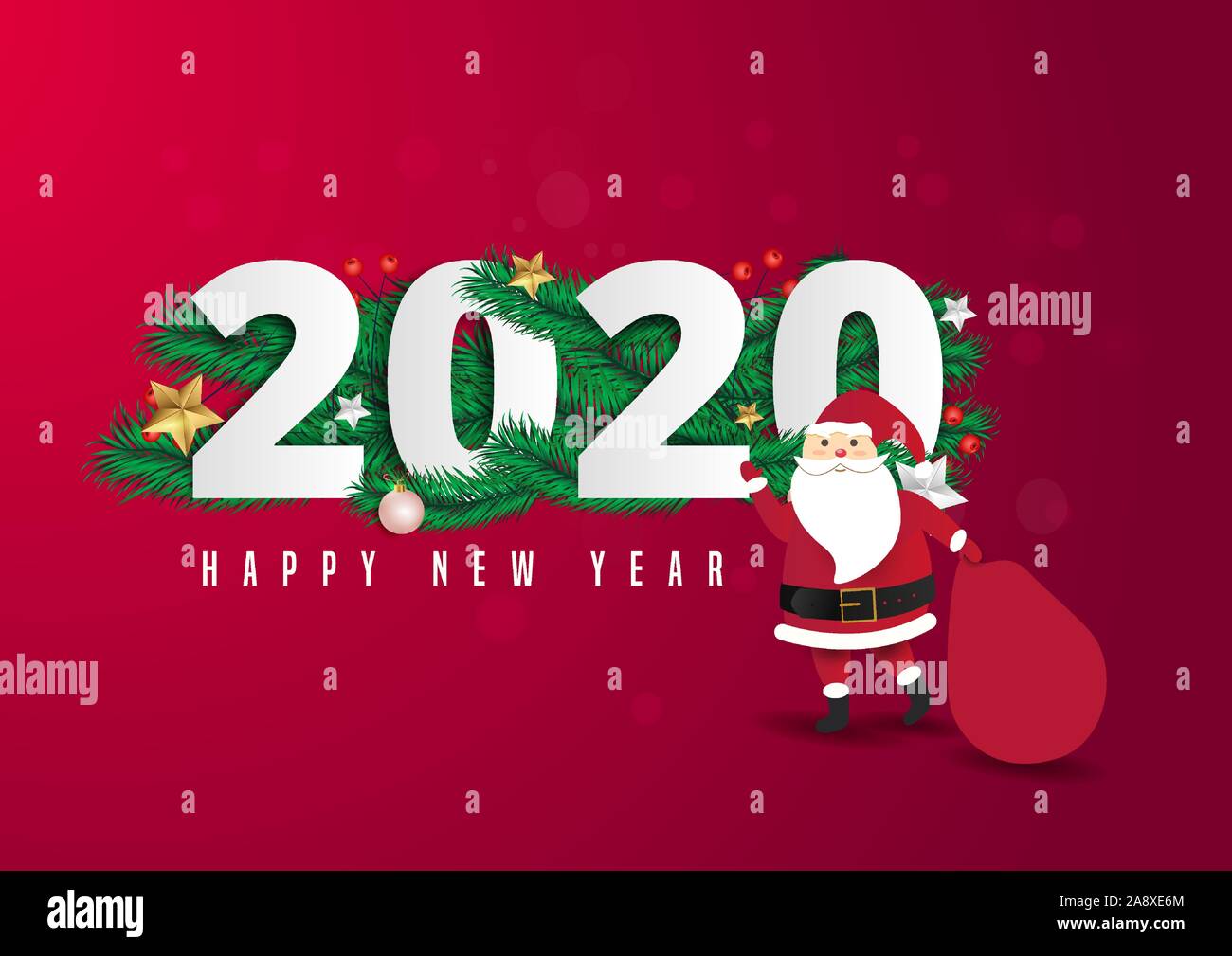 Santa Claus with a huge bag on the walk to deliver christmas gifts at red background. 2020 and happy new year text Lettering Vector illustration. Stock Vector