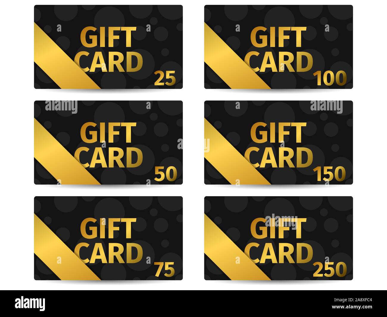 Gift card set. Black friday sale. The cards cost in 25, 50, 75 100, 150,  250. Stylish gift card with a golden gradient. Vector illustration Stock  Vector Image & Art - Alamy