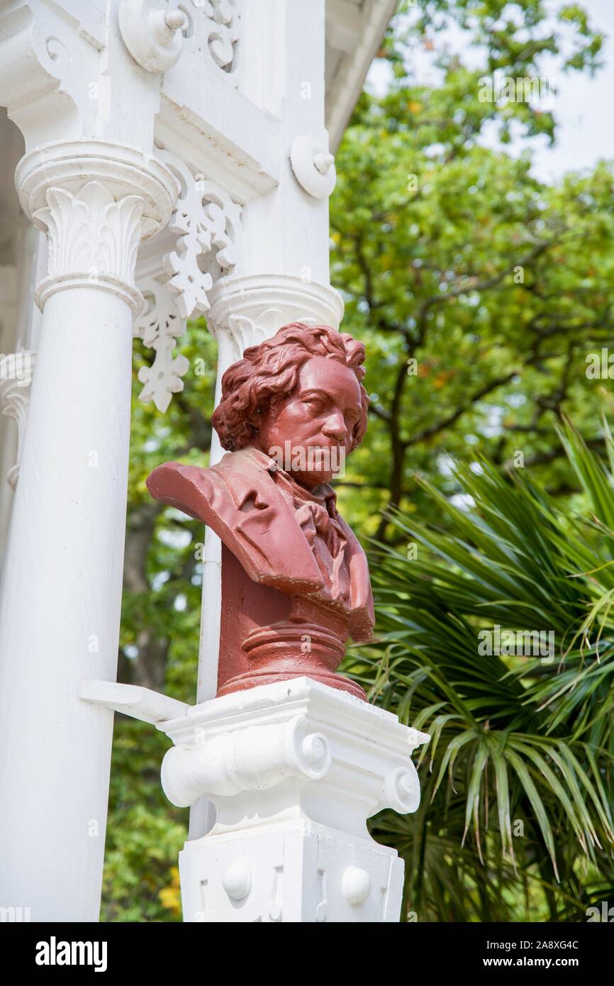 Bust of composer Ludwig van Beethoven - Detail of white wooden musical pavilion in spa park of Frantiskovy Lazne (Franzensbad) - Czech Republic Stock Photo