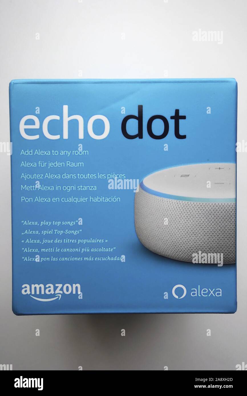Box Carton with New 3rd generation Echo Dot smart speaker with Alexa from Amazon Stock Photo
