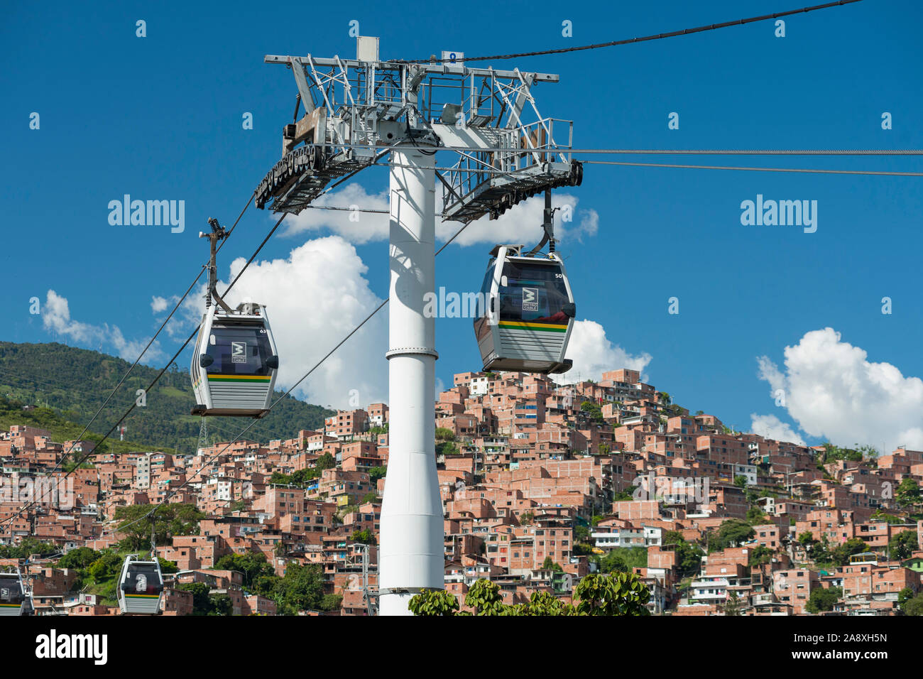 The San Javier metrocable leading to comuna 7 in Medellin, Colombia. Stock Photo