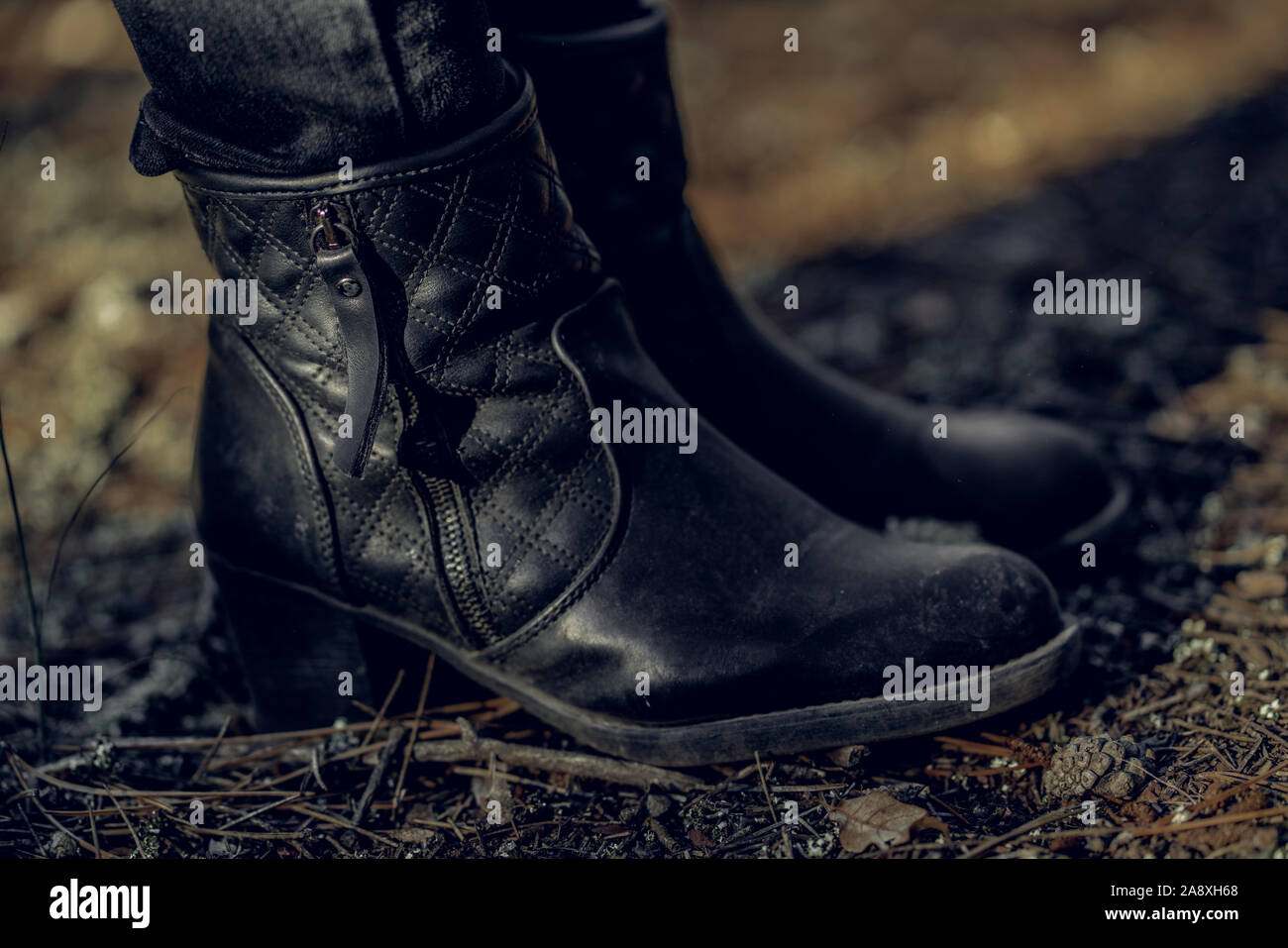 unisex black boots closeup photo in forest Stock Photo Alamy